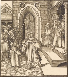 Sağda Bir Kalenin Avlusunda Üç Adam ve Bir Çocuk Merdivende Üç Adam by Leonhard Beck