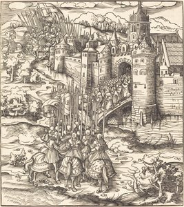 Bir Kasabanın Önündeki Köprüde Diz Çöken Çeşitli Adamlar by Leonhard Beck