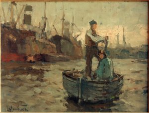 Bir yelkenlide iki adam kürek çekiyor by Leonhard Sandrock