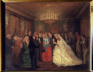 Düğün. (Düğün konukları yeni evlilerin etrafında bardakları tokuşturur.) Leonid Ivanovich Solomatkin (1837-1883), tuval üzerine yağlı boya tablo