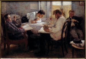 Sınav arifesinde Öğrenciler sınavları gözden geçirirler. Leonid Osipovich Pasternac'ın (1862-1945) 1895 Güneş tablosu. 0,39x0,55 m Paris, musee d'Orsay Dikkat! Bu çalışmanın kullanımı, bir üçüncü taraf yetkilendirme talebine veya ek ücretlere tabi  by Leonid Osipovic Pasternak