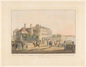 Viyana ve Leopoldstadt arasındaki köprünün karşısındaki kahvehanelerin görünümü Leopoldstadt / Vûe des Cafés en Sortant de la Ville de Vienne vers le leubourg de Leopoldstadt