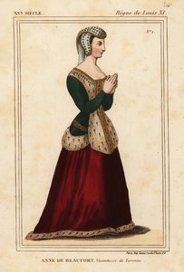 Anne Rogier de Beaufort, Vickontes de Turenne 1435-1479. Roger de Gaignieres#39;in portfolyosu VI 11#39;de, Le Bibliophile Jacob, namı diğer Paul Lacroix#39;nin Kostümleri Historiqu#39;ünde, Cordelieres de Nantes kilisesindeki paslanmaz cam pencerenin ardı by Leopold Massard