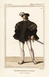 Francis III, Brittany Dükü 1518-1536. Francois, Viyana Dolphin ve Brittany Dükü. Roger de Gaignieres#39;in Portföy VIII 14#39;ündeki bir portreden sonra JB Gautier tarafından elle renklendirilmiş litografi, Le Bibliophile Jacob namı diğer Paul Lacroix#39;n