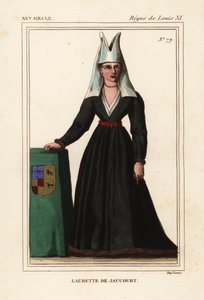 Jaucourtlu Lauretta, Chaugy#39;li Michael#39;ın karısı, Chissey Lordu, Laurette de Jaucourt, Roger de Gaignieres#39;in portföyündeki bir minyatürden sonra elle renklendirilmiş litografi Le Bibliophile Jacob namı diğer Paul Lacroix#39;in Kostümleri Historiq