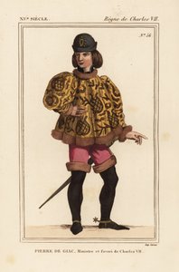 Pierre de Giac, Chamberlain#39;den Kral VII. Charles#39;a, 1377-1426 arası. Dun-Le-Roi#39;de boğularak idam edildi. Mahoit kollu kısa bir cüppe, pembe pantolon ve mahmuzlu çizmeler giyiyor. Bir el yazması Histoire du#39;daki bir minyatürden sonra elle renk