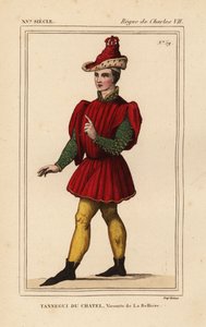 Tanneguy IV du Chatel, Viscount de la Belliere, II. Francis Oteli Büyük Üstadı, Brittany Dükü, d. 1477. Le Bibliophile#39;den Roger de Gaignieres#39;in portfolyosu VI 132#39;de Esther ve Mordecai#39;yi tasvir eden bir duvar halısındaki figürden sonra elle  by Leopold Massard