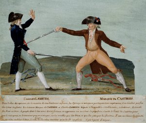 Fransız devrimi: Kurucu Meclis vekili Charles Lameth (1757-1832) ile 12 Kasım 1790'da soyluların vekili Marquis de Castries (1756-1842) arasındaki düello. İkincisi, Lameth'i yaraladı ve Jakobenler, otelini öfkelendirdi. . Guaj boya by Lesueur Brothers