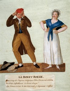 Kırmızı şapka Bir erkek şapkası, 1789 Devrimi sırasında Frig şapkası takıyor. Lesueur kardeşlerin guajı. 18. yüzyıl. Musee Carnavalet, Paris