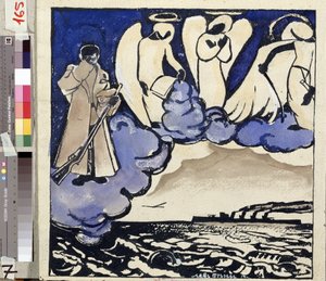 ""Savaş. Rusya. 1914"" Birinci Dünya Savaşı Alegorisi. Bir asker ve melekler. Kalem ve guaj, Lev Bruni (1894-1948) 1914 Devlet Tarih, Mimarlık ve Sanat Müzesi, Rybinsk, Rusya by Lev Aleksandrovitc Bruni