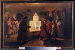 Köylü Evinde Sihirli Fener - Lev Grigorievich Solovyev (1837-1919) tarafından tablo, tuval üzerine yağlıboya by Lev Grigoryevich Solovyev