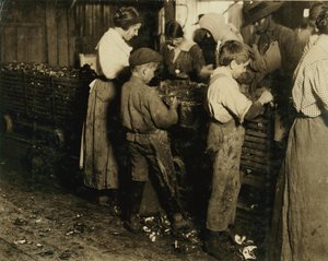 10 year old Jimmie who has been shucking 3 years (6 pots a day) with an 11 year old boy who shucks 7 pots at Varn und Platt Canning Co., Bluffton, South Carolina, 1913  by Lewis Wickes Hine