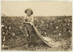 6-year old Warren Frakes with about 20 pounds of cotton in his bag at Comanche County, Oklahoma, 1916  by Lewis Wickes Hine