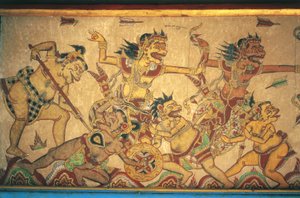 Tanrılar ve şeytanlar arasındaki savaş sahnelerini betimleyen freskler, Kertha Gosa pavyonu, Klungkung Sarayı (Puri Agung Semarapura), Semarapura, Bali, Endonezya by Unbekannt Unbekannt