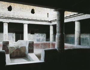 İtalya, Campania, Oplonti, Torre Annunziata arkeolojik alanı, Roman Villa Poppaea, Bahçeyi sulamak için çeşmeli küçük kapalı atriyum by Unbekannt Unbekannt