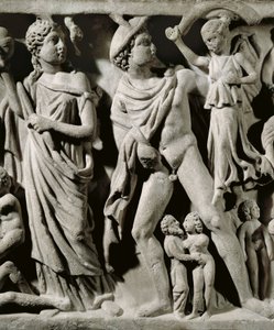 Mermer lahit, Prometheus efsanesini tasvir eden kabartma, Ayrıntı, Hermes ve Parcae ya da Kaderlerden biri, Arles'tan by Unbekannt Unbekannt