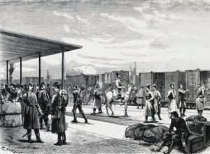 Rus askeri konvoyu Bustiu istasyonunda, Bükreş-Galati demiryolunda, Rus-Türk savaşı, gravür, Romanya by Unbekannt Unbekannt