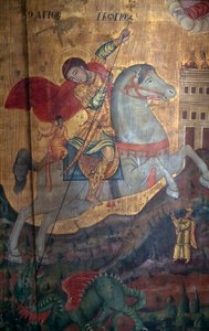 St George ve Dragon, Agia Paraskevi kilisesindeki ahşap panelin detayı, Anisaraki, Girit, Yunanistan (fotoğraf) by Unbekannt Unbekannt