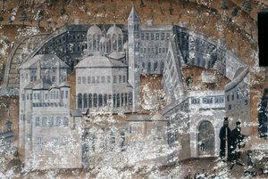 Manastırın görünümü, Ikosifinissis manastırındaki fresk, Serres, Yunanistan yakınlarındaki by Unbekannt Unbekannt