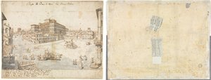 Onsekiz Roma Manzarası: Piazza Barberini (recto); Bir Çeşmenin Recto'dan İzlenmesi ve İki Yüz Eskizleri (ters) by Lievin Cruyl