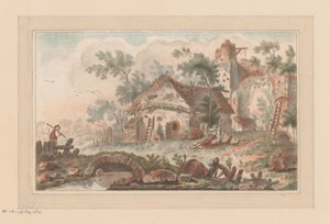 Ön planda bir köprüde bir adam ile harap bir şehir kapısının önünde ev by Liger (attributed to)