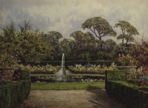 Dairesel Gölet ve Cherub Çeşmesi ile Lily Pond Garden (suluboya ve guaj) by Lilian Stannard