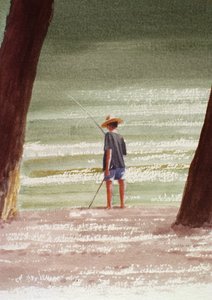 Henry Fishing, 1990 (kağıt üzerinde akrilik) by Lincoln Seligman