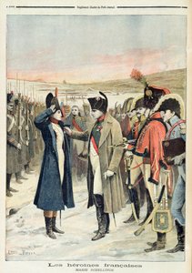 Napoleon Bonaparte (1769-1821) presenting the female officer, Marie Schellinck with a medal on the battlefield, illustration from 