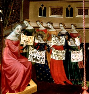 Sınıf arkadaşlarıyla birlikte Meryem Ana, öğretmenlerine iğne işi örnekleyicileri gösteriyor, Bakire ve Aziz George Altarpiece'den detay, c.1390-1400 (panelde tempera)