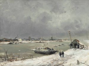 Kışın Wijk bij Duurstede yakınlarında bir feribot geçişi by Lodewijk Frederik Hendrik Apol