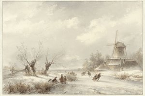 Bir yel değirmeninde buz patencileri ile kış manzarası by Lodewijk Johannes Kleijn