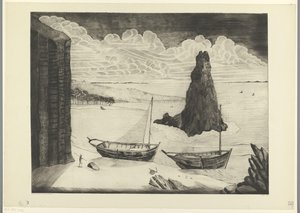 Bir sahilde demirlemiş iki gemi Le Rocher (orijinal başlık) by Lodewijk Schelfhout (signed by artist)