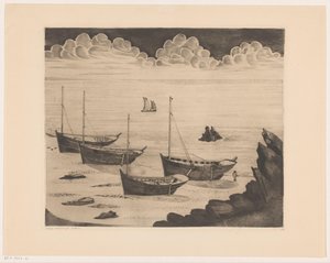 Bir Breton sahilinde demirli dört gemi Après l'orage (orijinal başlık) by Lodewijk Schelfhout (signed by artist)