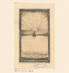Yükselen veya batan güneşte denizde yelkenli gemi by Lodewijk Schelfhout (signed by artist)