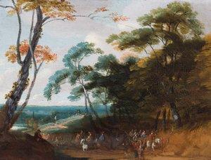 Ormanlık bir manzarada gezginler (panel üzerine yağlıboya) by Lodewijk de (follower of) Vadder