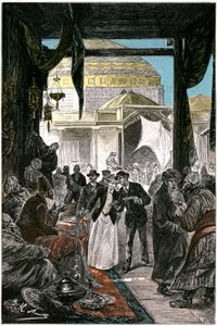 Semerkand çarşısı (şimdiki Semerkant veya Özbekistan#39;da Semerkand), Jules Verne#39;in “Claudius Bombarnac” adlı romanının illüstrasyonu Hetzel 1892 - Çizim: Leon Benett (Hippolyte Leon Benet)
