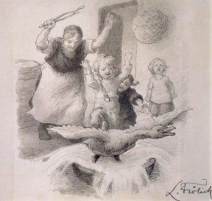 Hans Christian Andersen'in (1805-1875) peri masalı için Lorenz Frolich'in (1820-1908) Çirkin Ördek Yavrusu çizimi.