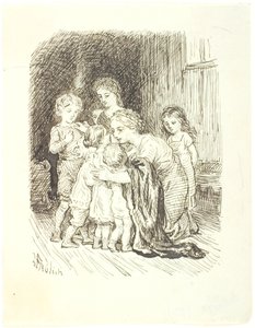 Diz çökmüş bir anne, bir grup çocuğu etrafına toplar. by Lorenz Frølich