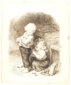 Küçük kız bir oğlanın pantolonunu onarıyor by Lorenz Frølich