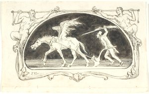 Büyük bir kalemle silahlanmış yüksek şapkalı bir adam tarafından sürülen bir pulluk için yıpranmış bir Pegasus ile Vignette