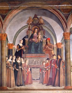 Madonna ve Meleklerle Çocuk, Lorenzo Costa (yaklaşık 1537-1583), San Giacomo Maggiore Kilisesi'ndeki Bentivoglio Şapeli, Bologna, İtalya by Lorenzo Costa