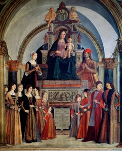 Bentivoglio Bakire Bakiresi, çocuğu Bentivoglio ailesinin üyeleriyle çevrilidir. Boyama Lorenzo Costa (1460-1535) 1488 Bologna, Chiesa di San Giacomo Maggiore by Lorenzo Costa