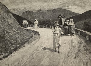 Kutsal Yolda, yolda yürüyen kadın hacı, Brera, United Expositions, Milano, İtalya, L'Illustrazione Italiana'dan Lorenzo Delleani'nin (1840-1908) tablosundan F Cantagalli'nin gravürü, yıl 21, sayı 42, 21 Ekim
