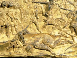 David ve Goliath, Vaftizhanenin Doğu Kapılarından orijinal panelden detay, 1425-52 (altın yaldızlı bronz) (restorasyon sonrası)