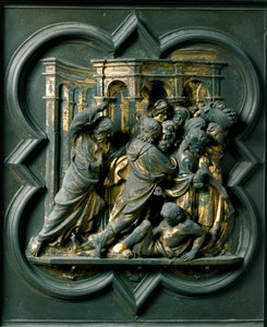 Kuzey Kapısı (Kuzeyde Haç Kapısı denir), dış detay: “” Tapınaktan tüccarları kovalayan İsa”” Lorenzo Ghiberti tarafından yapılmış bronz heykel (1378-1455) by Lorenzo Ghiberti