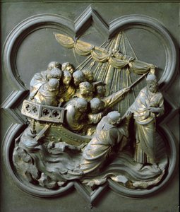 Kuzey Kapısı (Kuzeye Haç Kapısı denir), dış detay: İsa su üzerinde yürüyor. Lorenzo Ghiberti (1378-1455) tarafından yapılan bronz heykel by Lorenzo Ghiberti