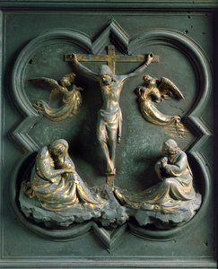 Kuzey Porte (Kuzeyde Haç Kapısı olarak adlandırılır), dış detay: “” Çarmıha germe”” Lorenzo Ghiberti tarafından yapılan bronz heykel (1378-1455)