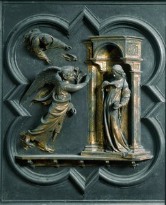 North Porte (called Gate of the Cross, to the North), exterior detail: the Annunciation. Bronze sculpture made by Lorenzo Ghiberti (1378-1455) by Lorenzo Ghiberti