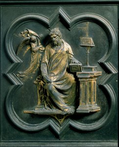 Kuzey Porte (kuzeye Porte de la Croix denir), dış detay: Saint Mathieu. Lorenzo Ghiberti (1378-1455) tarafından yapılan bronz heykel by Lorenzo Ghiberti