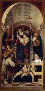 Aziz Dominika, Aziz Gregoire ve Aziz Urban ile Bakire ve Çocuk - Recanati poliptiğinin orta kısmı (1508, ahşap üzerine yağlı boya) by Lorenzo Lotto